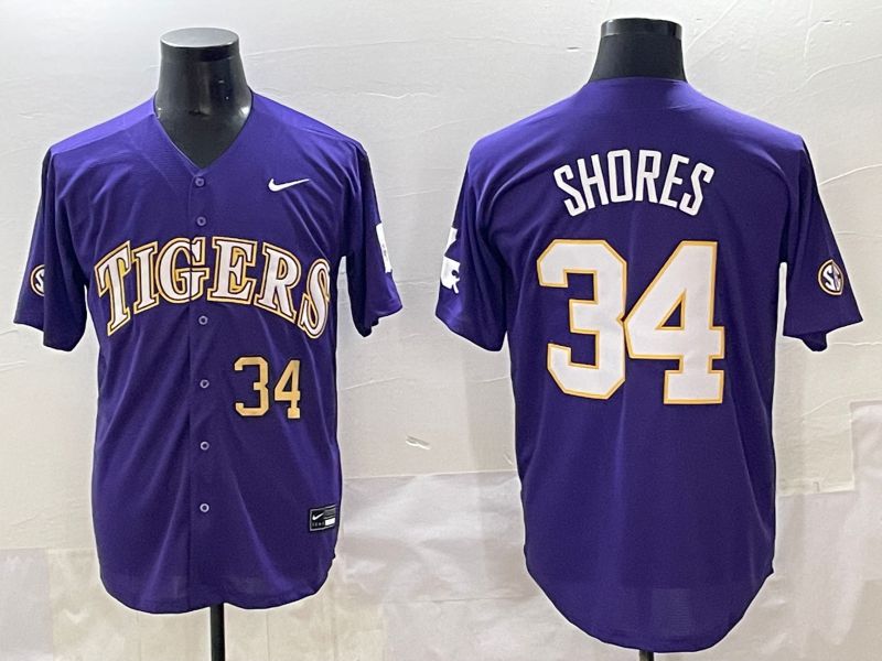 Men 2025 LSU Tigers #34 Shores Purple Joint Name Nike NCAA Jersey style 4->ncaa teams->NCAA Jersey